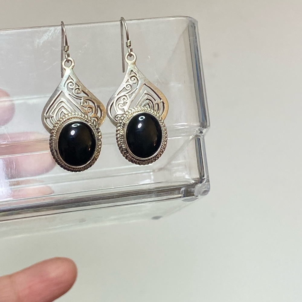 Black Onyx Dangle Ellipse Cabochon 925 Drop Earrings